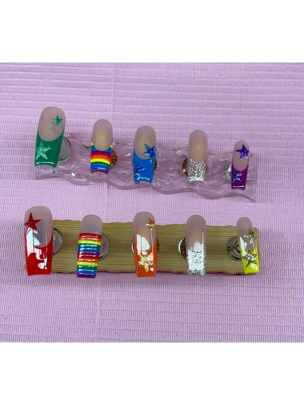 Long square Press on nails nude French tips rainbow glitter